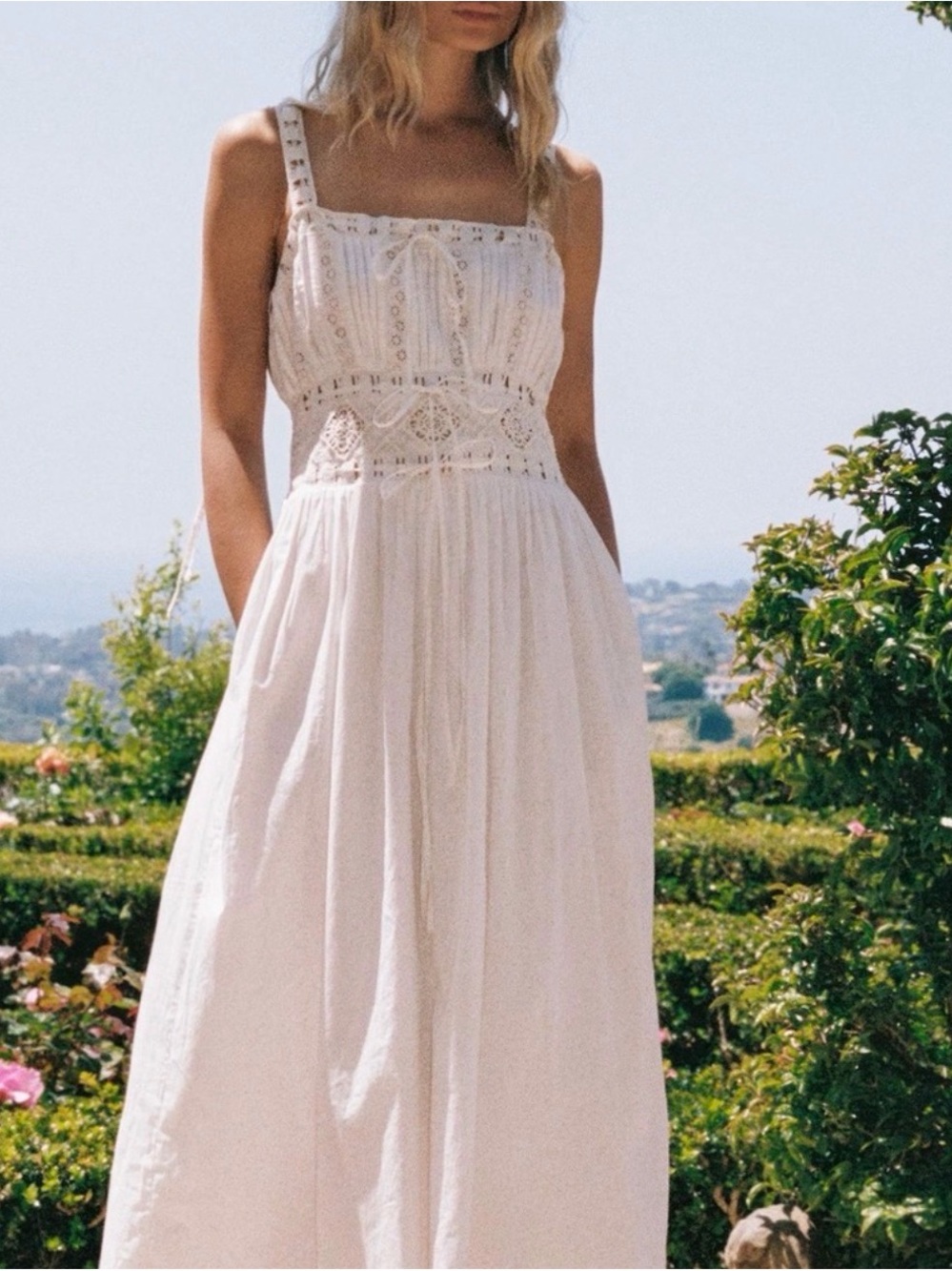 Christy Dawn The Larissa Dress in Pearl Bohemian Lace-Front Cream Maxi Dress